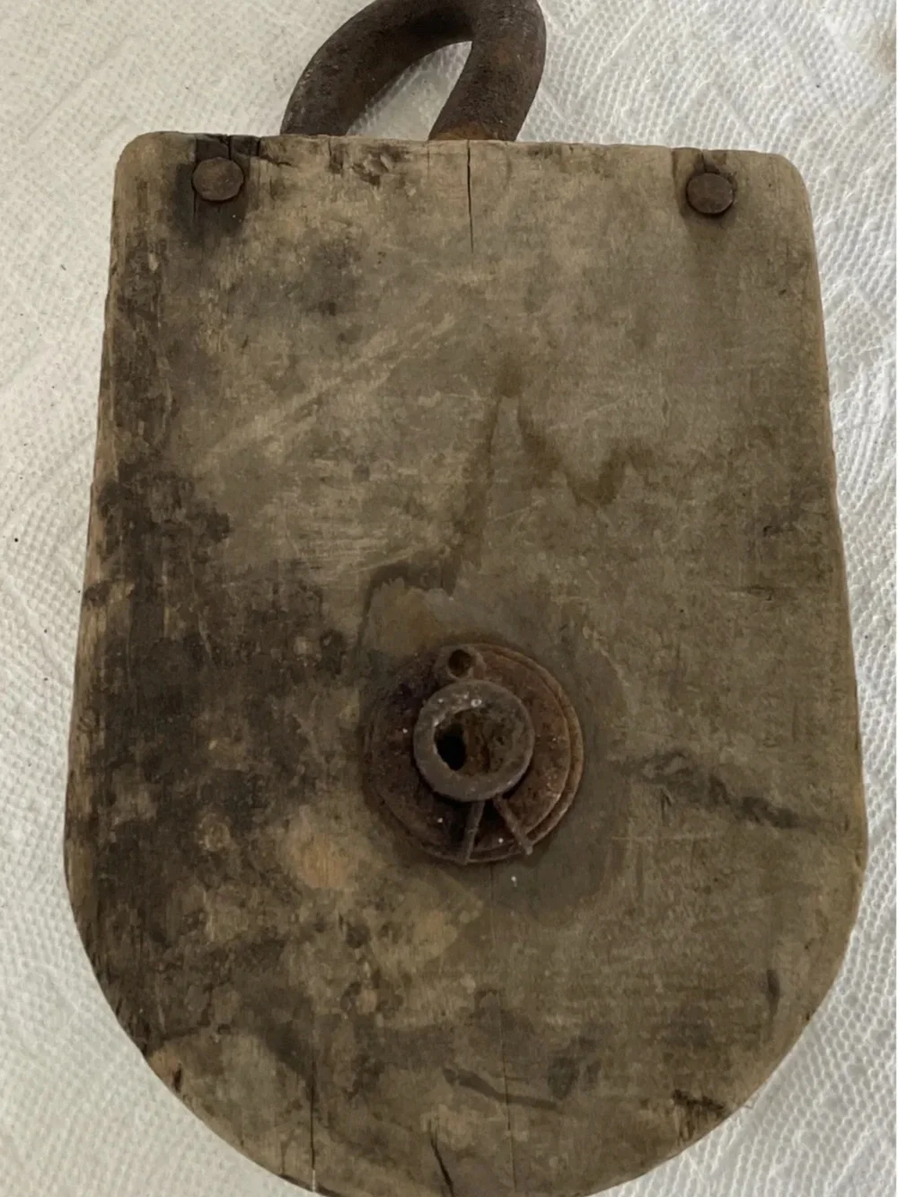 Vintage Wooden Barn Pully Wood Wheel W/ Iron Hook Great Display